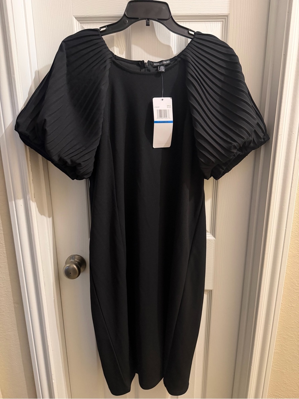 Nina Leonard Black Midi Dress with Pleated Puff Sleeves